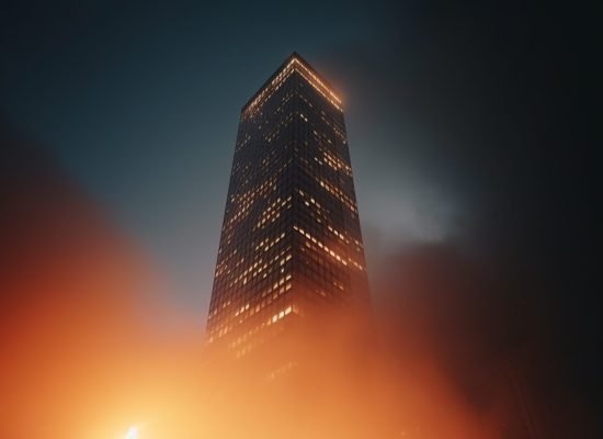 Arafed view of a tall building with a street light in the foreground. AI Generative.